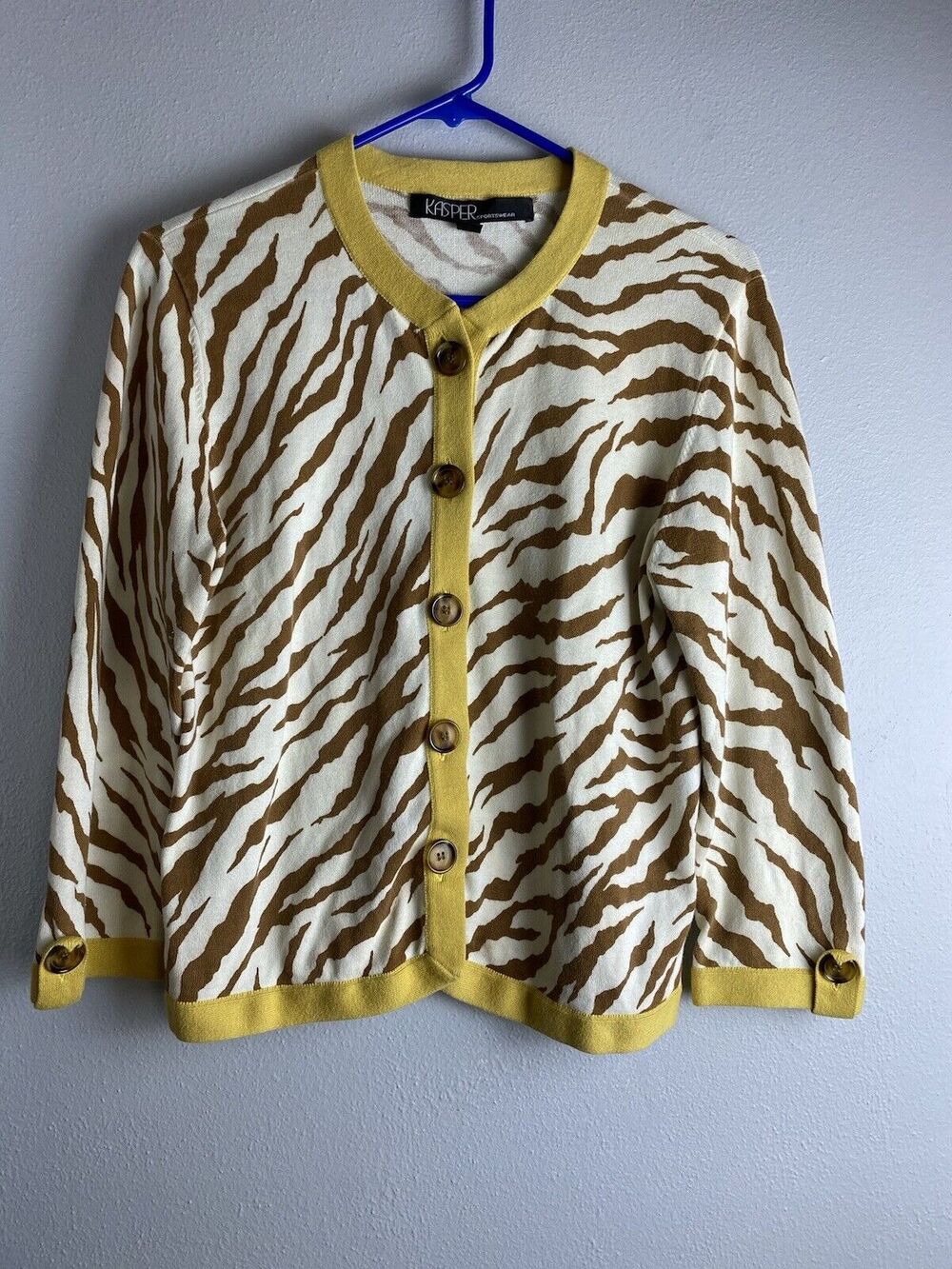 Kasper Sportswear Sz M Brown Yellow Animal Print Button Up Cardigan